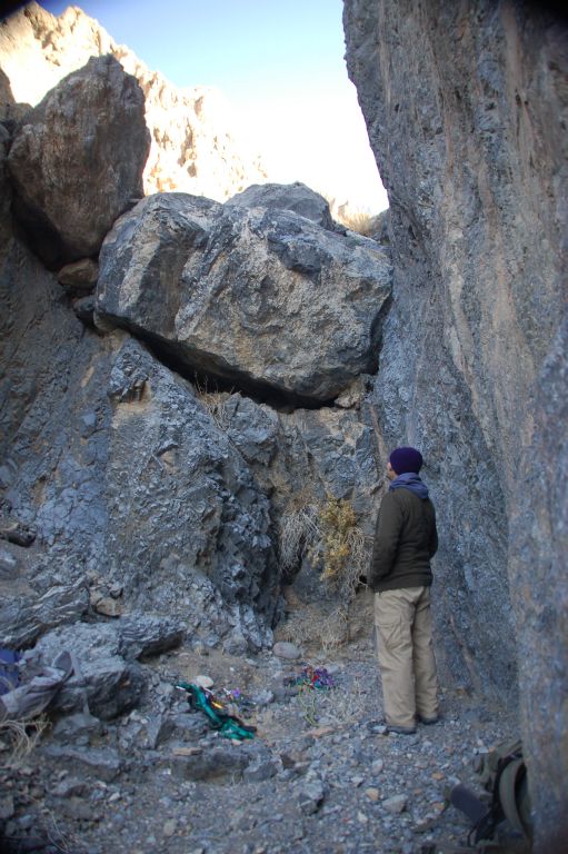 Steve looking up at the boulder jam dry fall and wondering how we could ever get past it.  In the meantime, I was able to confirm that there is no way to safely bypass this obstacle: